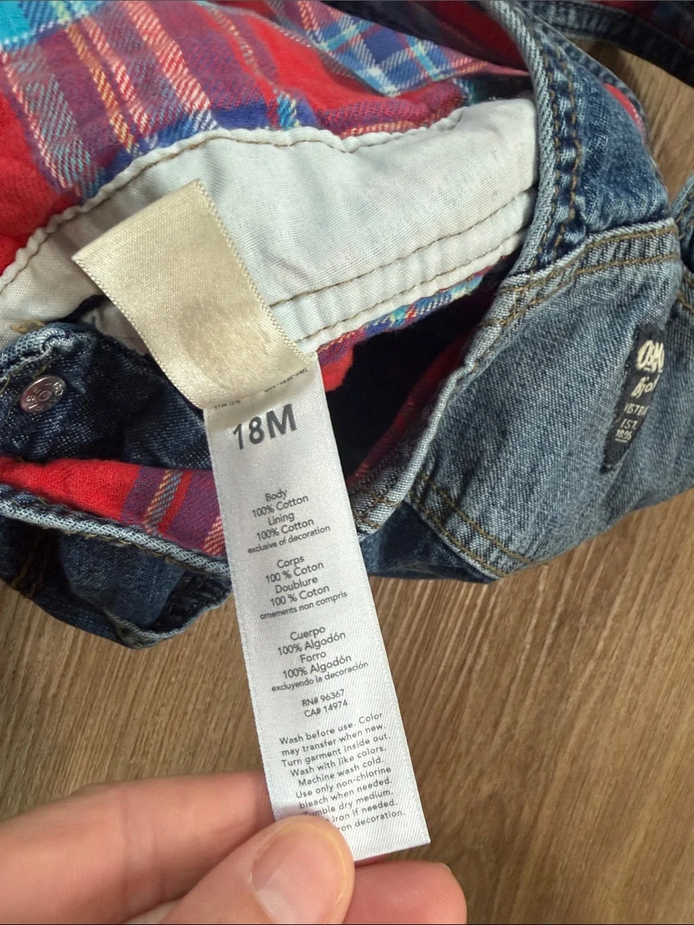 OskKosh B'gosh Denim Overalls Red Flannel  Lining Snap Up Legs Toddler Size 18M